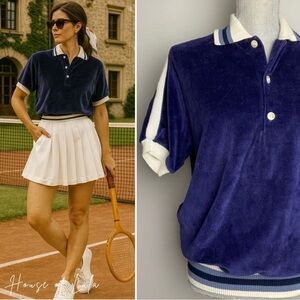 Vintage Navy Velour Polo Shirt – Preppy Tennis Club Vibes